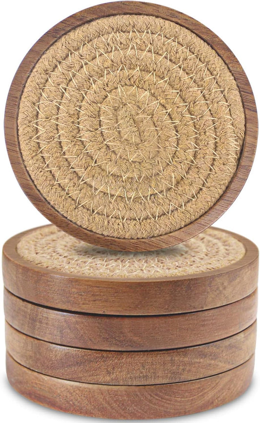 Wood Coasters for Drinks, Eykao Absorbent Coaster Sets of 5, Woven Drink Coasters for Coffee Table, Housewarming Gift for Farmhouse Home Decor,4 inches - Brown