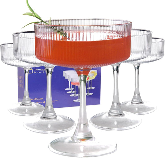 KMIGRUAN 10oz Large Martini Glasses Set of 4,Classic Crystal Cocktail Glasses,Hand Blown Martini Glass for Espresso Martini, Cosmopolitan, Manhattan, Home Bar Gift Set - Ribbed Martini Glasses