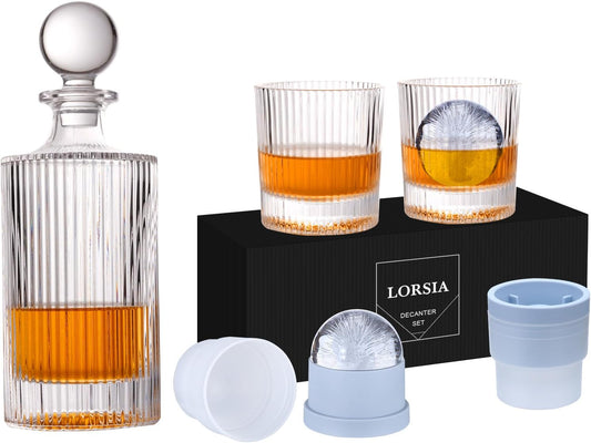 Whiskey Decanter Set with Gift Box - Includes 2 Crystal Bourbon Glasses and 2 Big Ice Ball Molds - Whiskey Glasses Set for Scotch, Cocktails, Rum, Cognac, Vodka - Unique Gift for Men