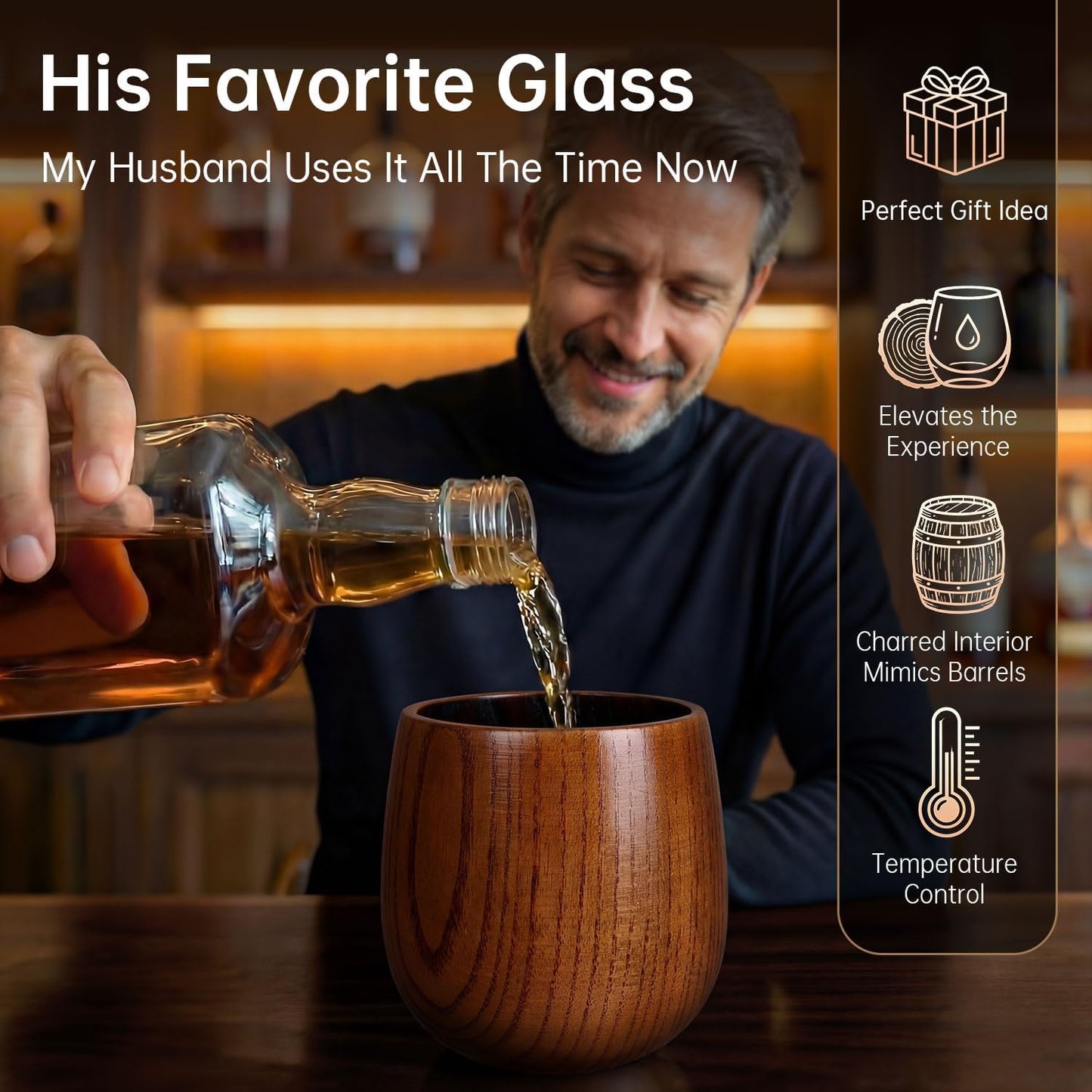 Charred Oak Whiskey Glasses Set of 2, 10oz Handcrafted Wooden Tumblers – Shatterproof Bourbon Glass Pair, Gift Set for Fathers, Dad, Him, Husband | Birthday & Retirement Gifts for Men from Son, Wife