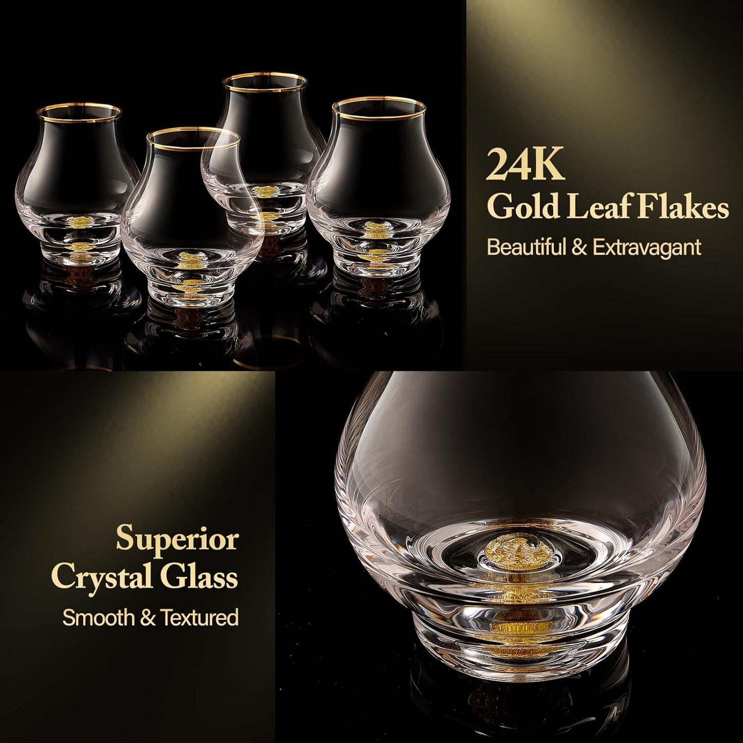 DUJUST‌ Elegant Curvaceous Snifter Glasses Set of 4 (7oz), Crystal Whiskey Glass with 24K Gold Leaf Flakes, ONE OF A KIND, Luxury Glass for Brandy/Bourbon/Tequila, BPA-Free&Lead-Free