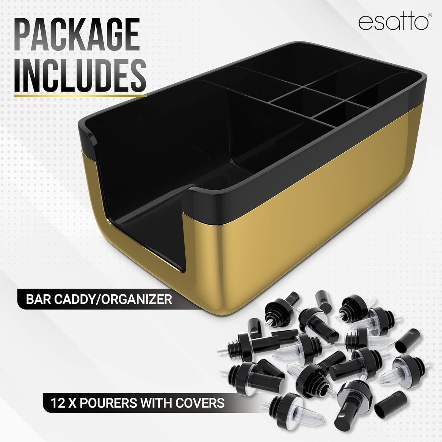Esatto Professional Bar Products Premium Bar Caddy (Gold), Used to Easily Organize Bar Items and Workspace, With Additional 12 Pourers For Precision Pouring and 12 Pourer Covers