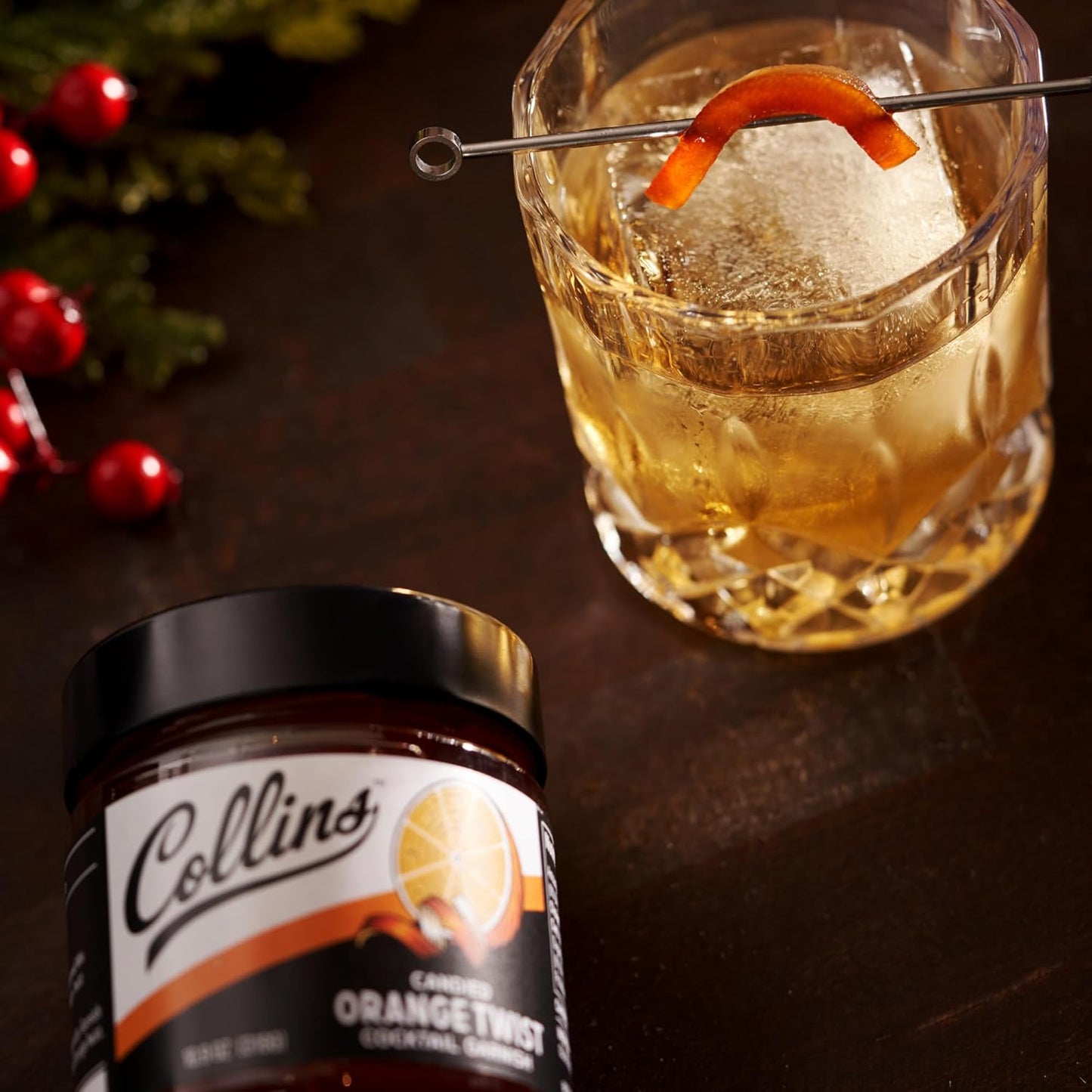 Collins Candied Fruit Orange Peel Twist in Syrup, Popular Cocktail Garnish for Skinny Margarita, Martini, Mojito, Orange Peel for Old Fashioned Drinks, Baking, Desserts, Salad, 10.9 oz