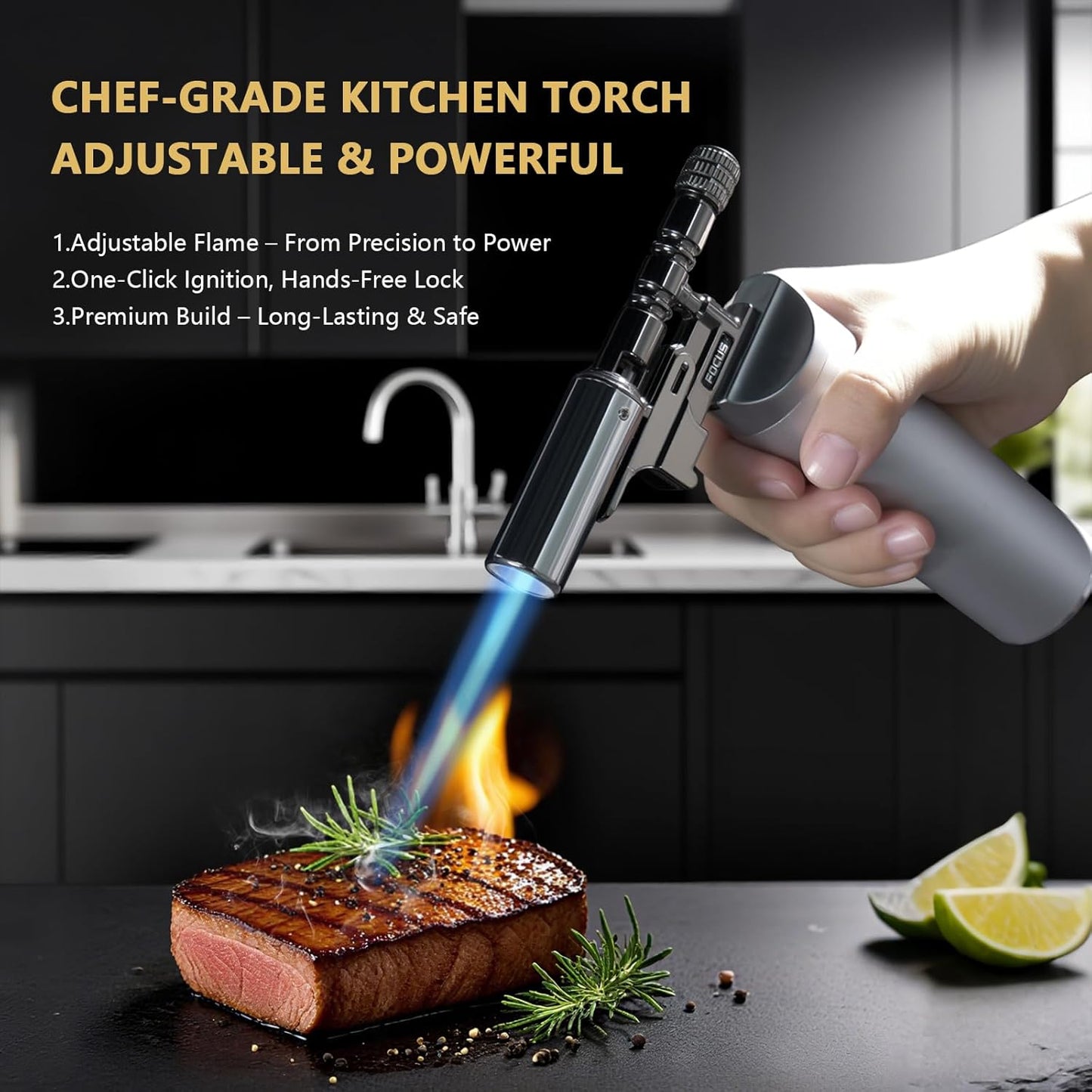 Butane Torch Lighter,Kitchen Torches For Cooking,Mini Adjustable Flame Blow Torch,Cooking Creme Brulee Torch,Gift for family(Butane Not Included) (SILVER)