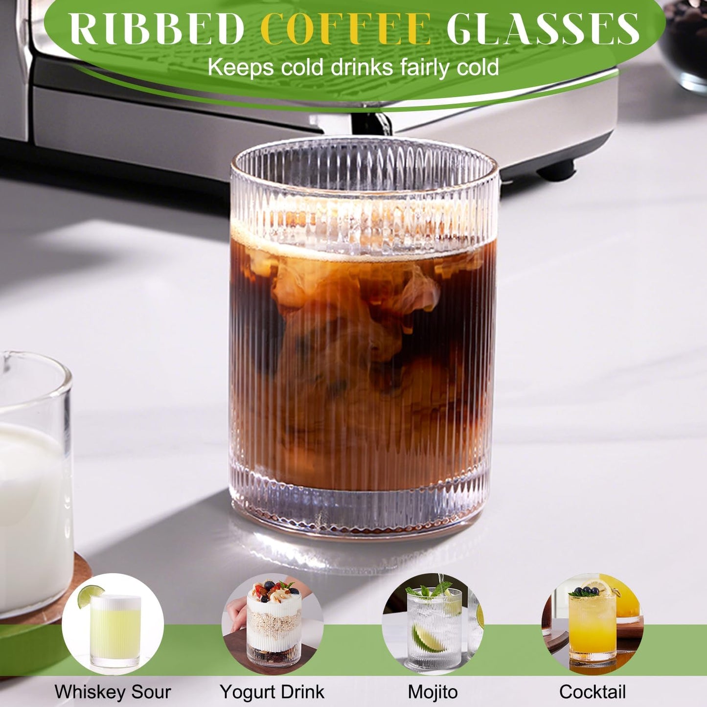 Ribbed Glass Cups Set of 8 - 4 Large Capacity Highball Glasses 17oz, 4 Rocks Glass Cups 12oz, Cocktail Glasses, Drinking Glasses Ideal for Beer, Juice, Water, Ice Coffee Cup, Whiskey, Mixed Drinkware