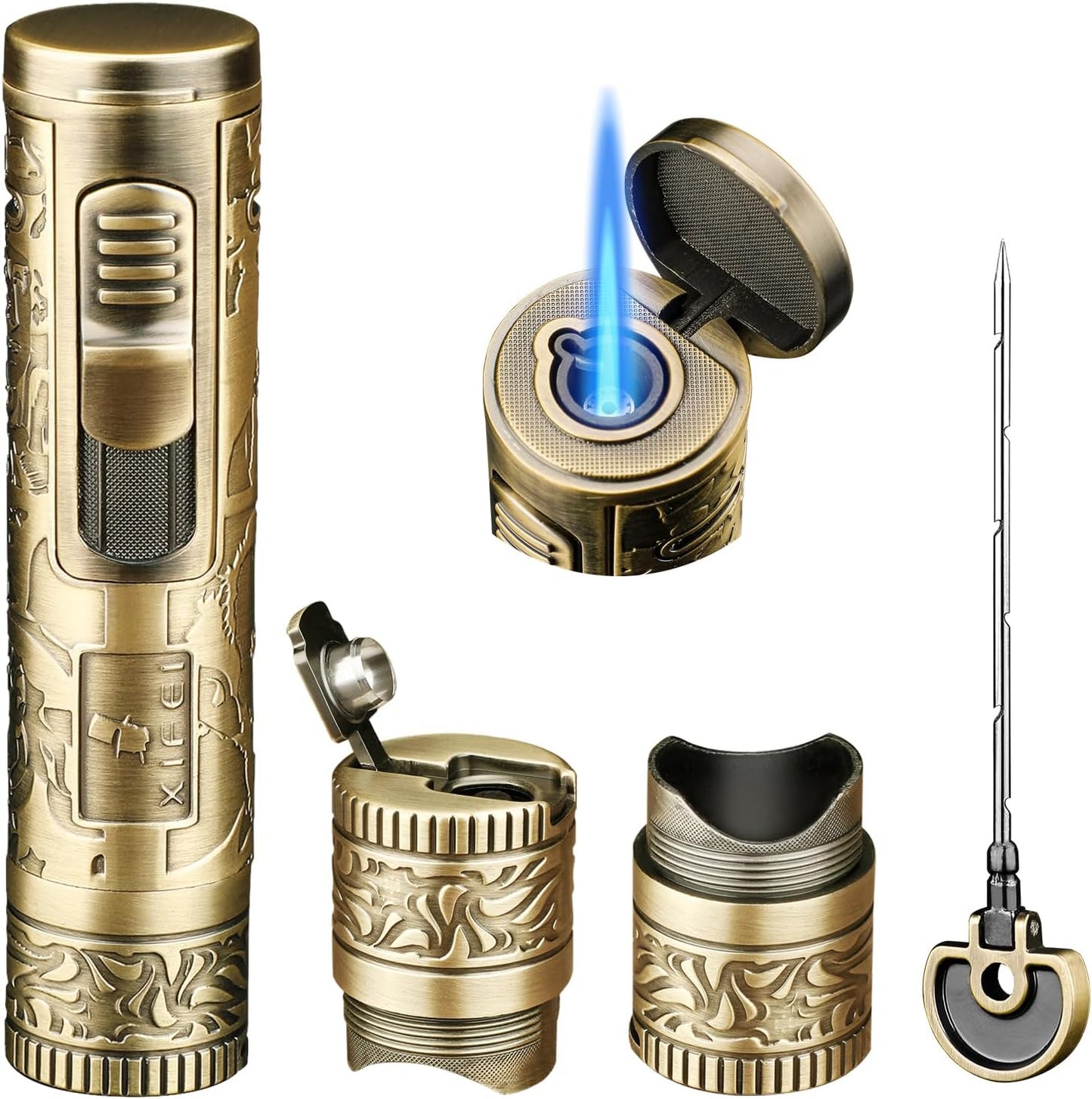 XIFEI Torch Lighter, 4-in-1 Cigar Lighter with Jet Flame, Punch, Holder, Draw Enhancer, Windproof Refillable Butane Lighters, Multi-Functional Cigar Accessories Gift for Men (Bronze)