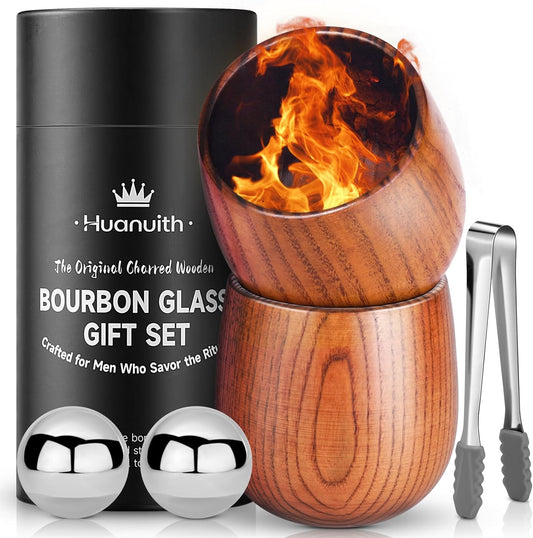 Whiskey Glasses Charred Wooden Bourbon Glass Set of 2, 10oz Handmade with Stones & Tongs – Unique Bourbon Gifts for Men Dad Husband, Ideal for Christmas Birthday Father's Day