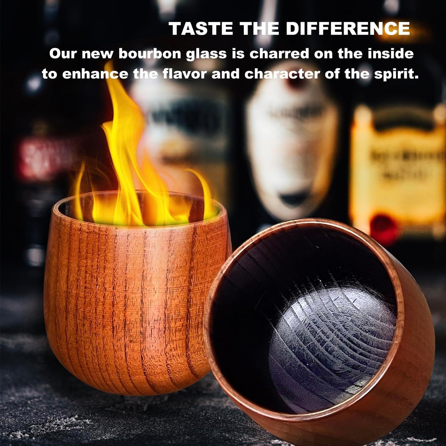 2 Pack Charred Wooden Whiskey Glasses – Bourbon Tumblers for Men with Burnt Interior – Old Fashioned Cocktail Cups – Gifts for Men, Husband, Dad, Boy Friend, Brother, or Whiskey Lovers