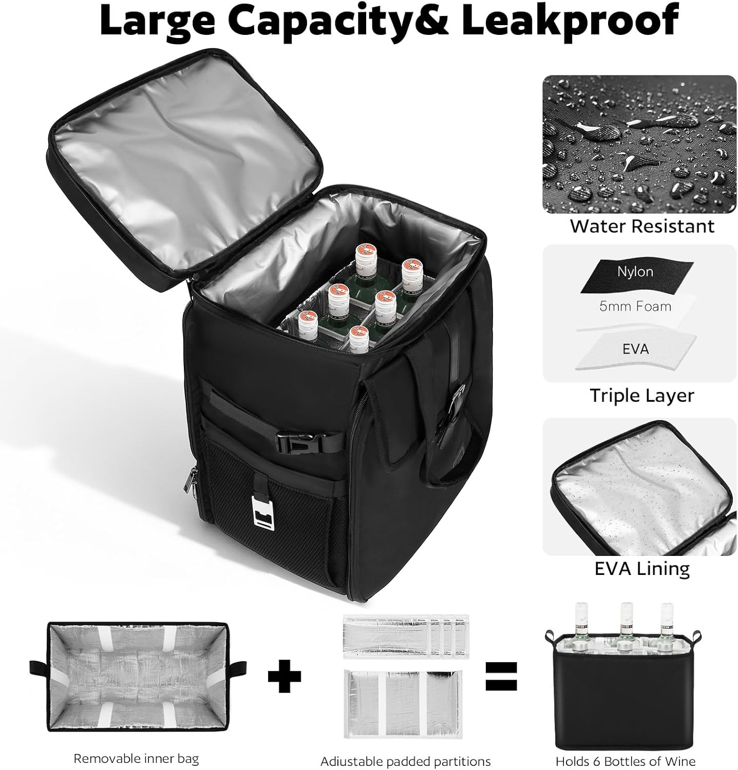Bartender Bag, Leakproof Travel Bartender Kit Backpack for Carrying Bar Kit, Portable Bar Bag for Cocktail Shaker and 6 Wine Bottle, Professional Mixology Gift for Travel Home Party (Backpack Only)