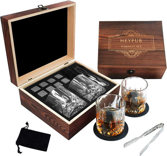 Whiskey Stones Gift Set,Whiskey Glasses Set 8 Granite Chilling Whisky Rocks, 2 Bourbon Glasses,Best Drinking Gifts for Men Dad Husband Birthday Anniversary Present，Plus 2 Free Coasters.
