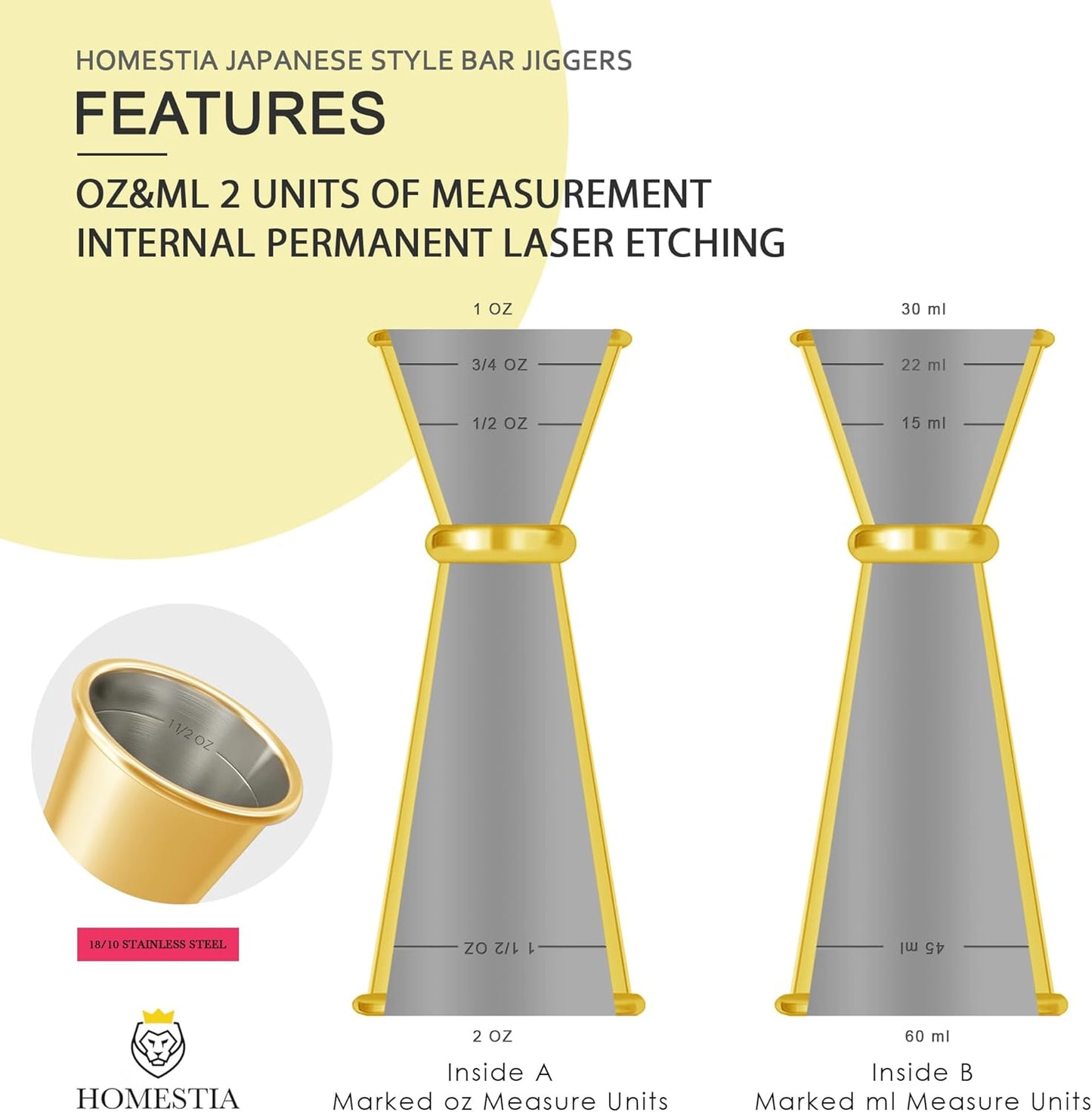 Homestia Muddler for Cocktails Set, 304 Stainless Steel 10" Bar Muddler &12" Cocktail Spoon & Double Jigger, 3 PCS Cocktail Set for Margaritas, Mojitos and Fruit Drinks Bar Tool Set (Gold)
