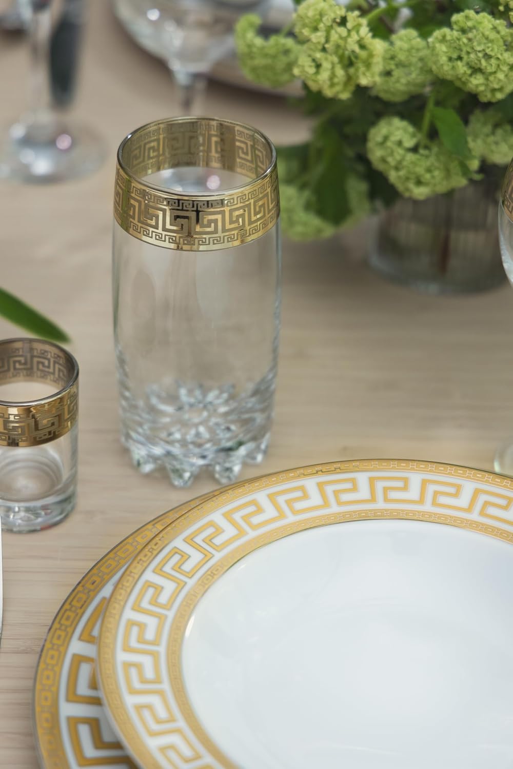 Joseph Sedgh Collection Greek Key Highball Glasses Set of 6-13 oz Tall Glasses. Ideal for Water, Mojitos, Mixed Drinks, Dishwasher Safe Premium European Grade Glassware