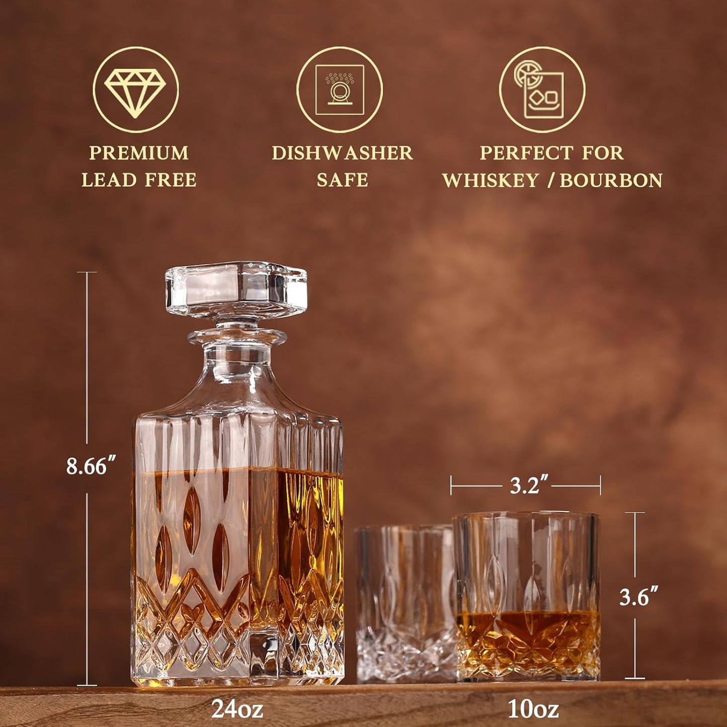 Crystal Whiskey Decanter Set In Gift Box - Includes 4 Crystal Whiskey Glasses and 4 Big Ice Ball Molds - Unique Whiskey Gift for Men