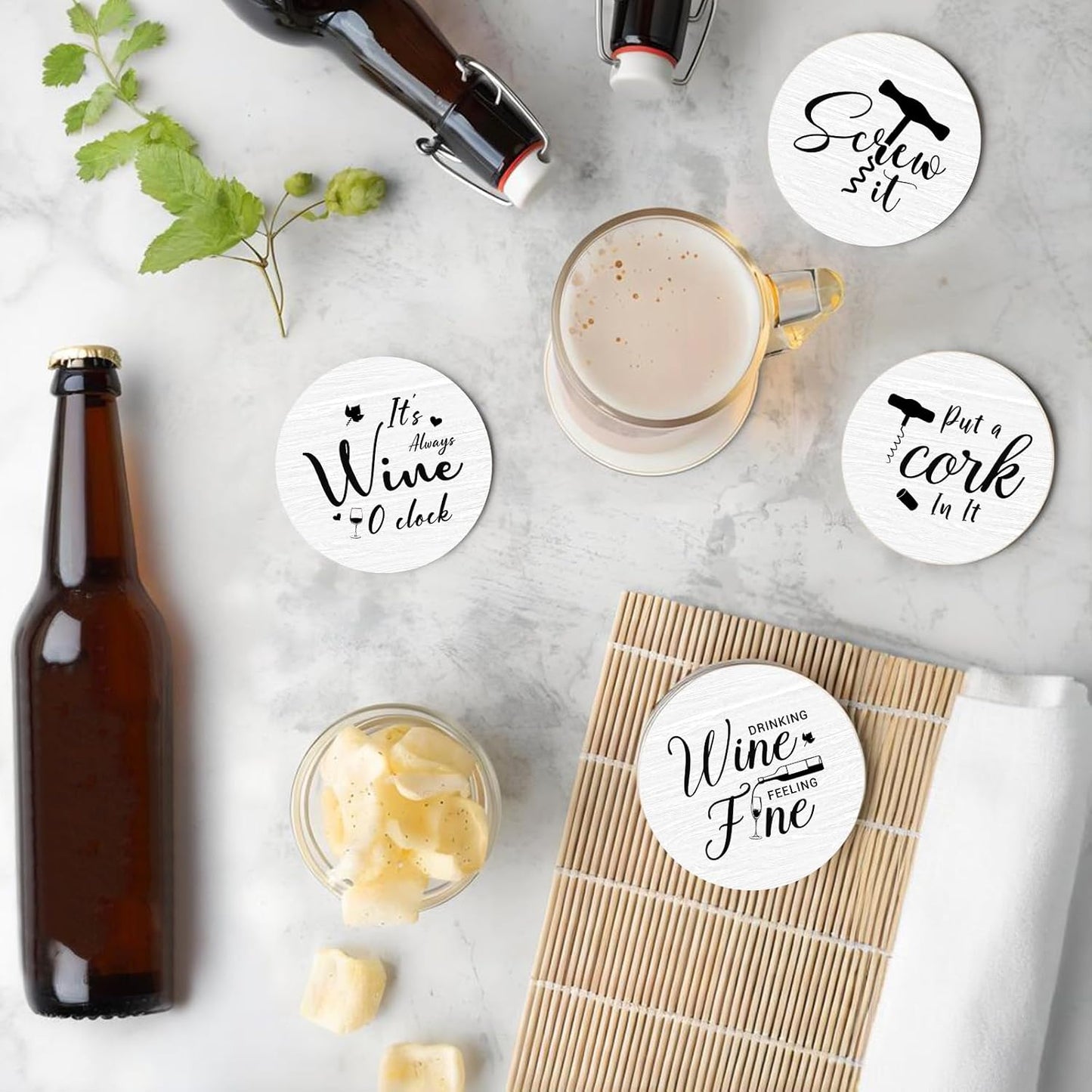 6 PCS Funny Sayings Cork Coasters for Drinks, Funny Wooden Coasters for Drinks with Coaster Holder, Living Room Kitchen Decor, for Wine Lover and Housewarming Present