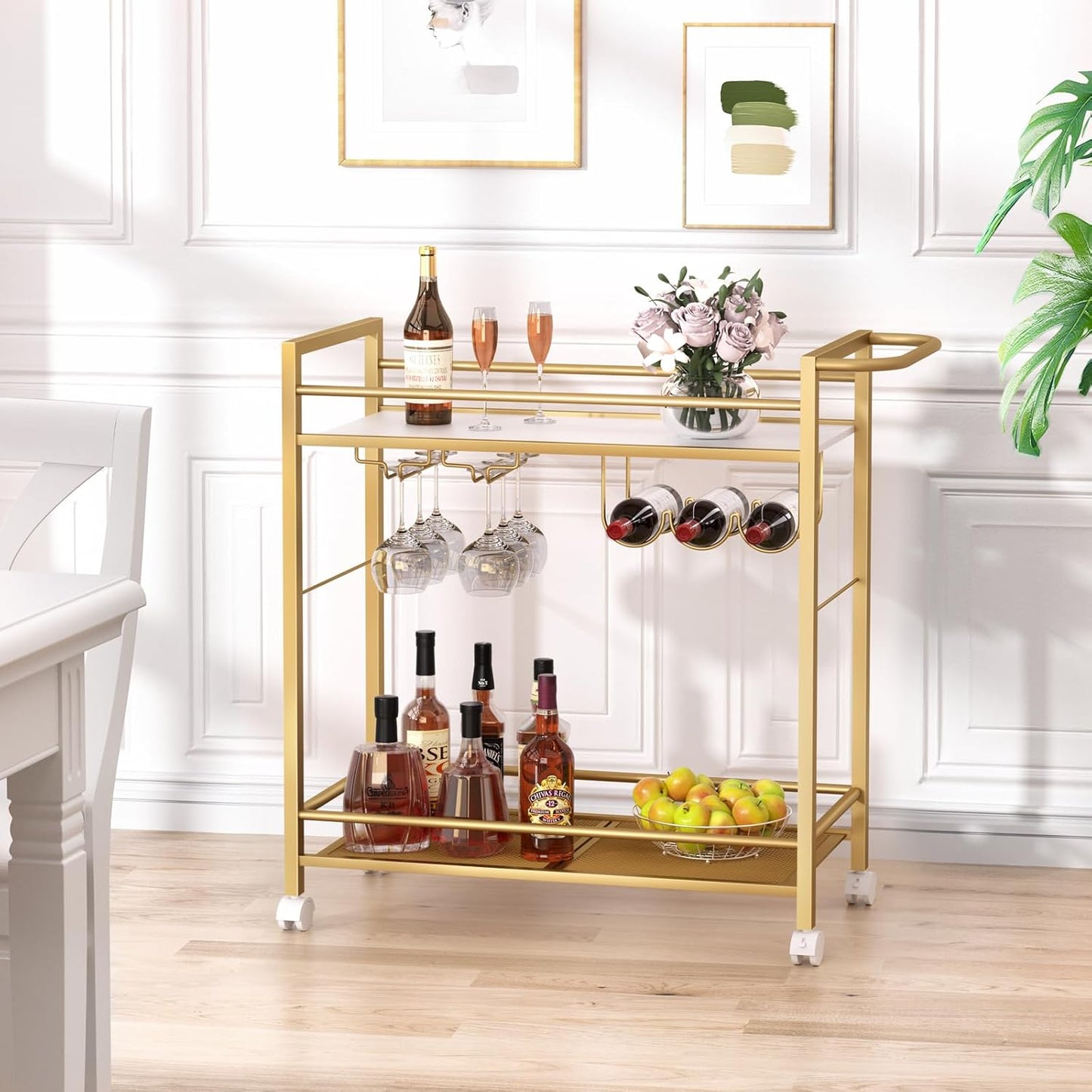Joaxswe Bar Cart,Home Bar Serving Cart with Storage Shelves, 2 Tier Rolling Beverage Cart with Wheels, Modern Wine Cart with Wine Rack and Glass Holder for Kitchen, Living Room,Dinning Room,Gold