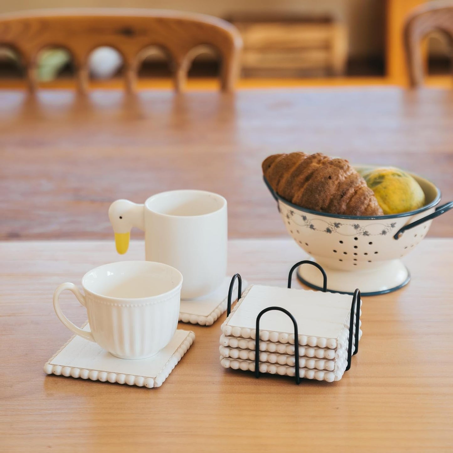 GENMOUS 6 Pack Farmhouse Wooden Bead Coasters with Metal Holder for Coffee Table Decor, Square Handmade Cup Coasters Set for Drinks Absorbent, Rustic Cute for Home Kitchen Table Décor Gift