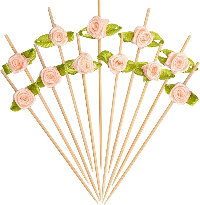 Minisland Multicolor Rose Flower Bamboo Cocktail Picks, Fancy Toothpicks - MSL222-Pink Rose Toothpicks