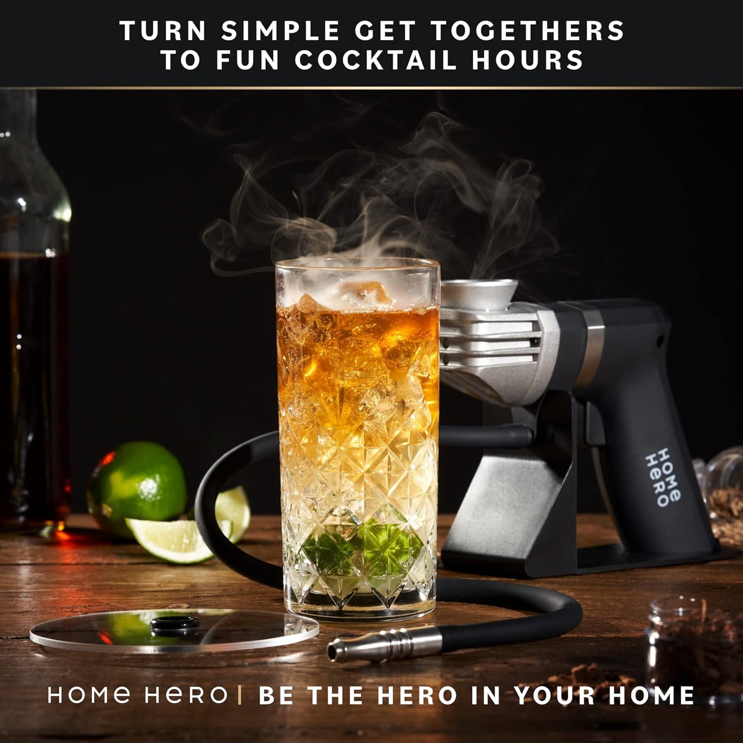 Home Hero Whiskey Smoker Kit - Cocktail Smoker for Old Fashioned & Bourbon Whiskey - Indoor Cold Smoke Generator with 8 Wood Chip Flavors - 8-Piece Set, Black