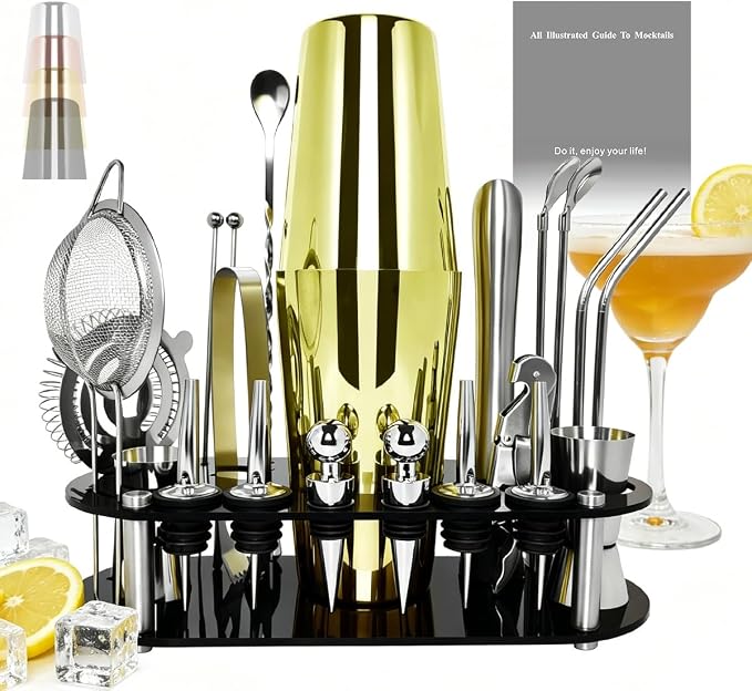 22-Piece Cocktail Shaker Set, 25/20oz Bartender Kit, Bartending Stainless Steel Bar Tools Sets for Drink Mixing, Boston Cocktail Shakers with Stand Recipes Booklet (Black-25-20oz) - Gold-25-20oz