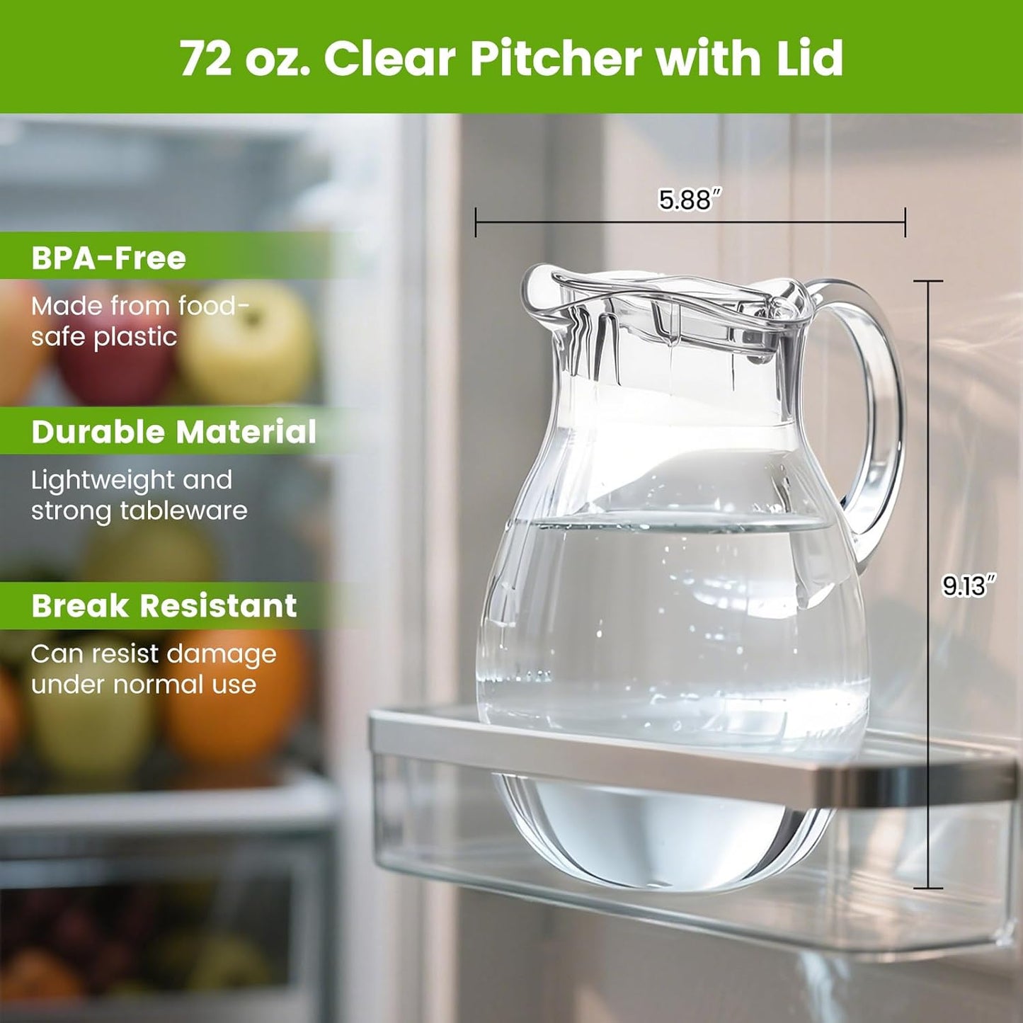 Middle Size Clear Plastic Pitcher with Lid (72 oz), Unbreakable Water Pitcher with Handle, Fridge Jug, BPA-Free, Shatter-Proof, Great for Iced Tea, Sangria, Lemonade, Juice, Milk, and More