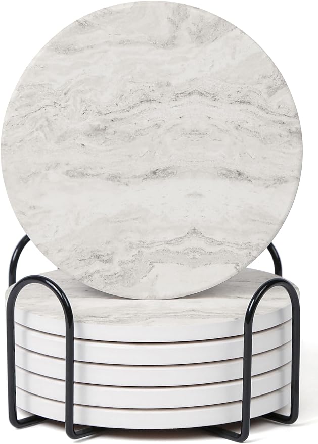 Set of 6 Mix Color Abstract Onyx Marble Coasters with Holder, Absorbent Ceramic Coasters for Drinks, Coasters with Cork Backing for Table Protection, Home Decor, Coffee Table Decor - B0DYJ9MLFX