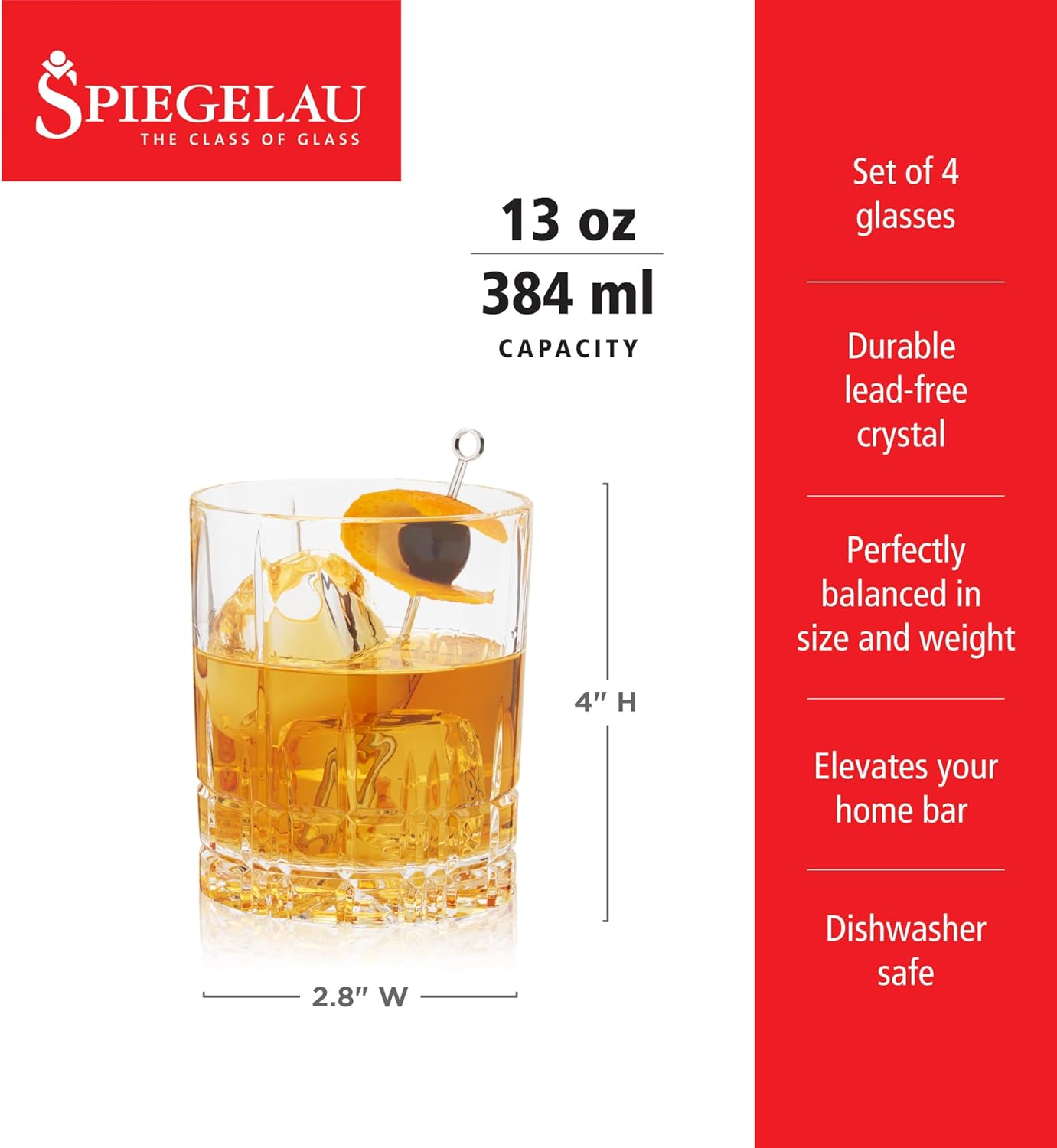 Spiegelau Perfect Serve Double Old Fashioned Glasses Set of 4 – Heavy Base Crystal Whiskey Glasses for Scotch, Bourbon & Cocktails – Lead-Free Crystal Tumbler Set