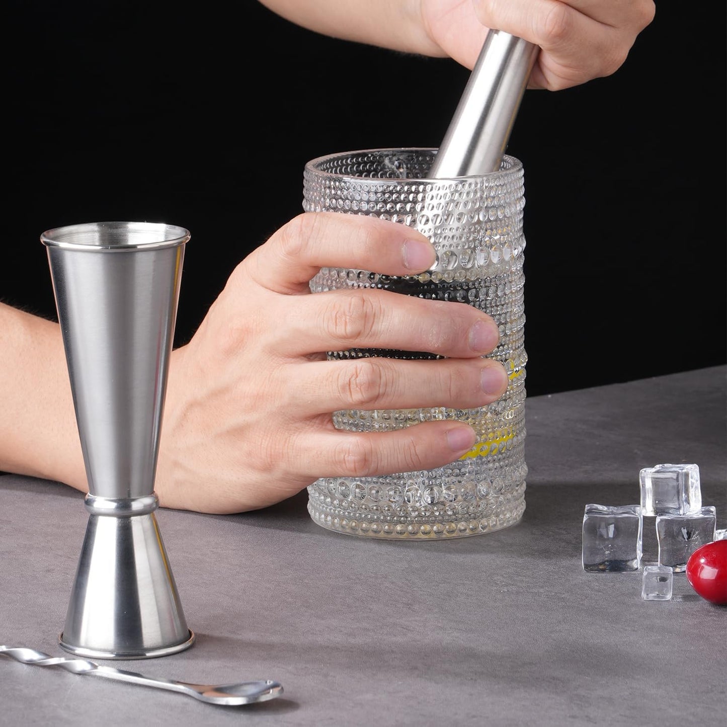 Muddler for Cocktails, 10 Inches Bar Spoon, 1 oz 2 oz Double Jigger- Premium 3 Piece Silver Mixing Tools Set for Drinks