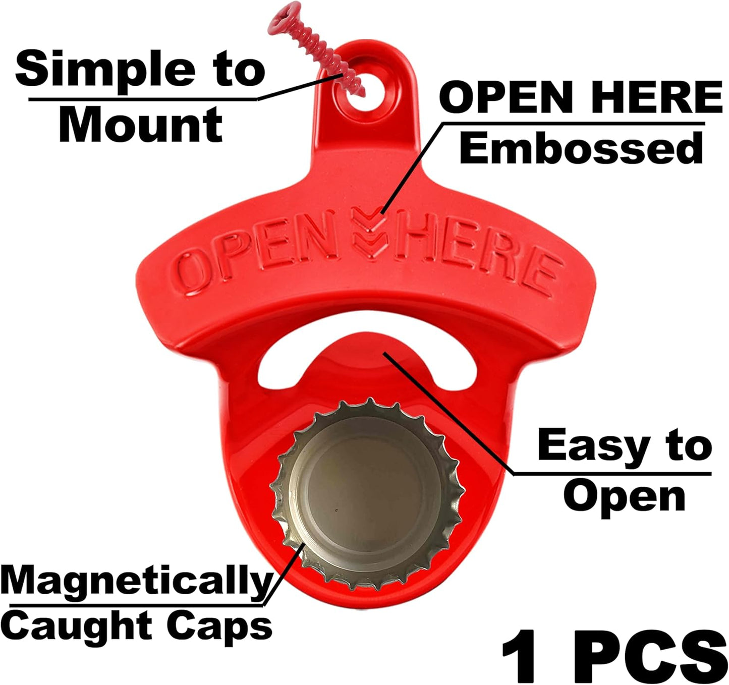 Red Magnetic Wall Mounted Bottle Opener, Stainless Screw in Wall Beer Cap Opener with Magnets for Gift