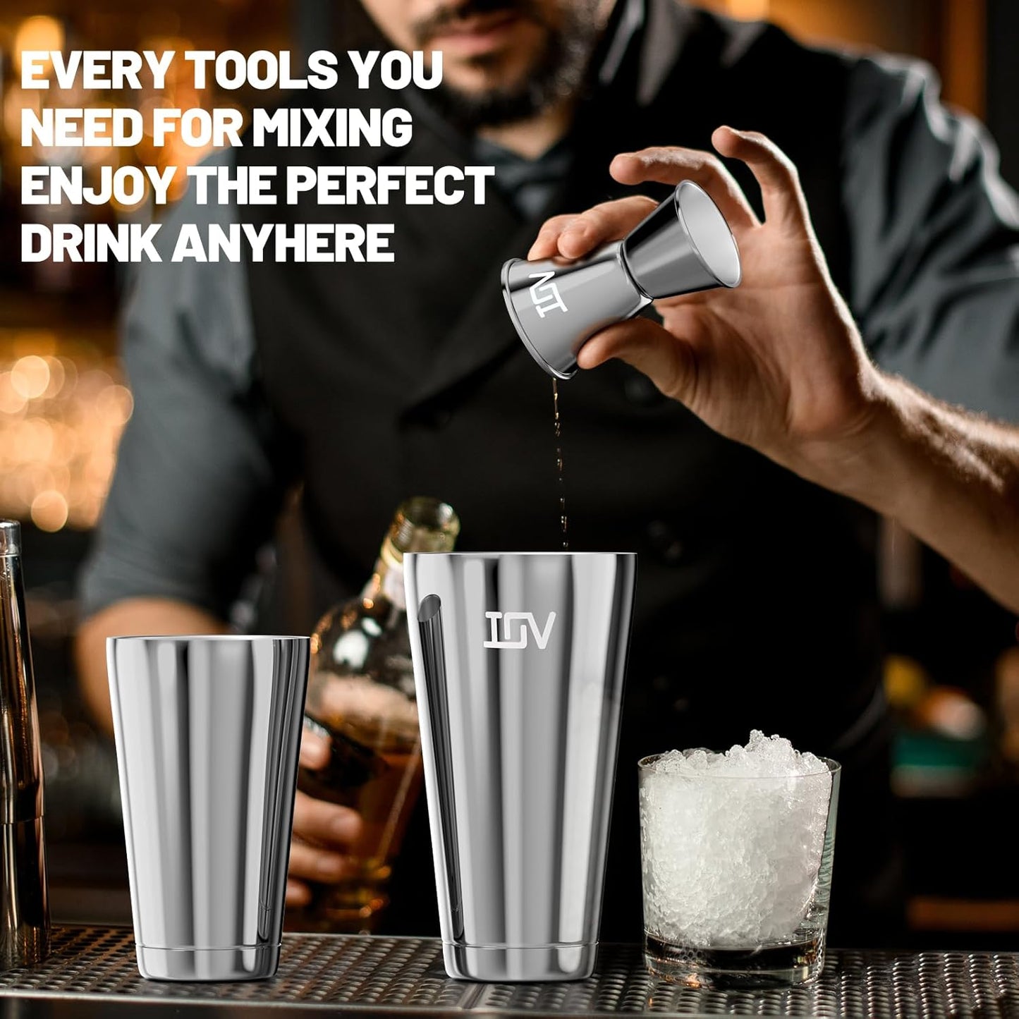 IOV Boston Cocktail Shaker Bar Set, Bartender Kit Drink Mixer Set with 18 oz & 28 oz Boston Shakers, Hawthorne Strainer, Double Jigger, Bar Tool Kit and Recipe Booklet - Silver