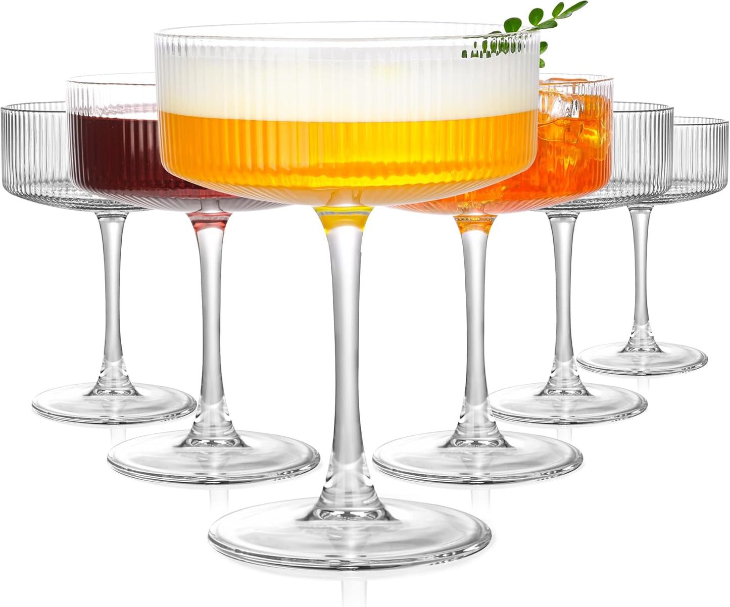 Amyoole Vintage Ribbed Coupe Glasses Set of 6-11oz Clear 100% Crystal Martini Glasses Elegant Cocktail Glasses, Transparent Glassware for Champagne, Margaritas, Espresso with a Rose Ice Mold