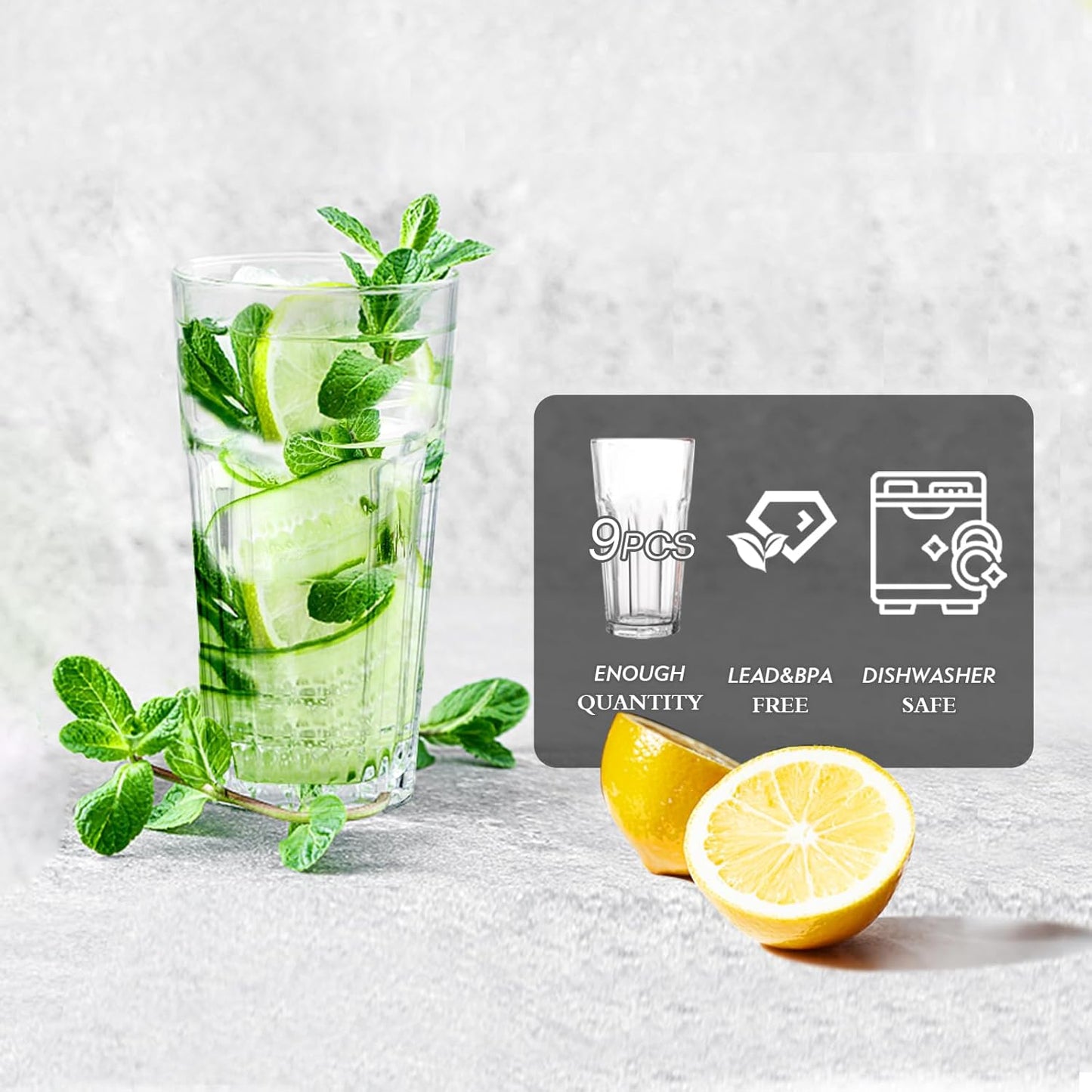 Etolies Highball Drinking Glasses Set of 9, Water Glasses 16 oz,Iced Tea Glasses for Water, Juice, Cocktails,Milkshake,Coke,Soda,Beverages. Heavy Base Tumbler,Kitchen and Bar Glassware