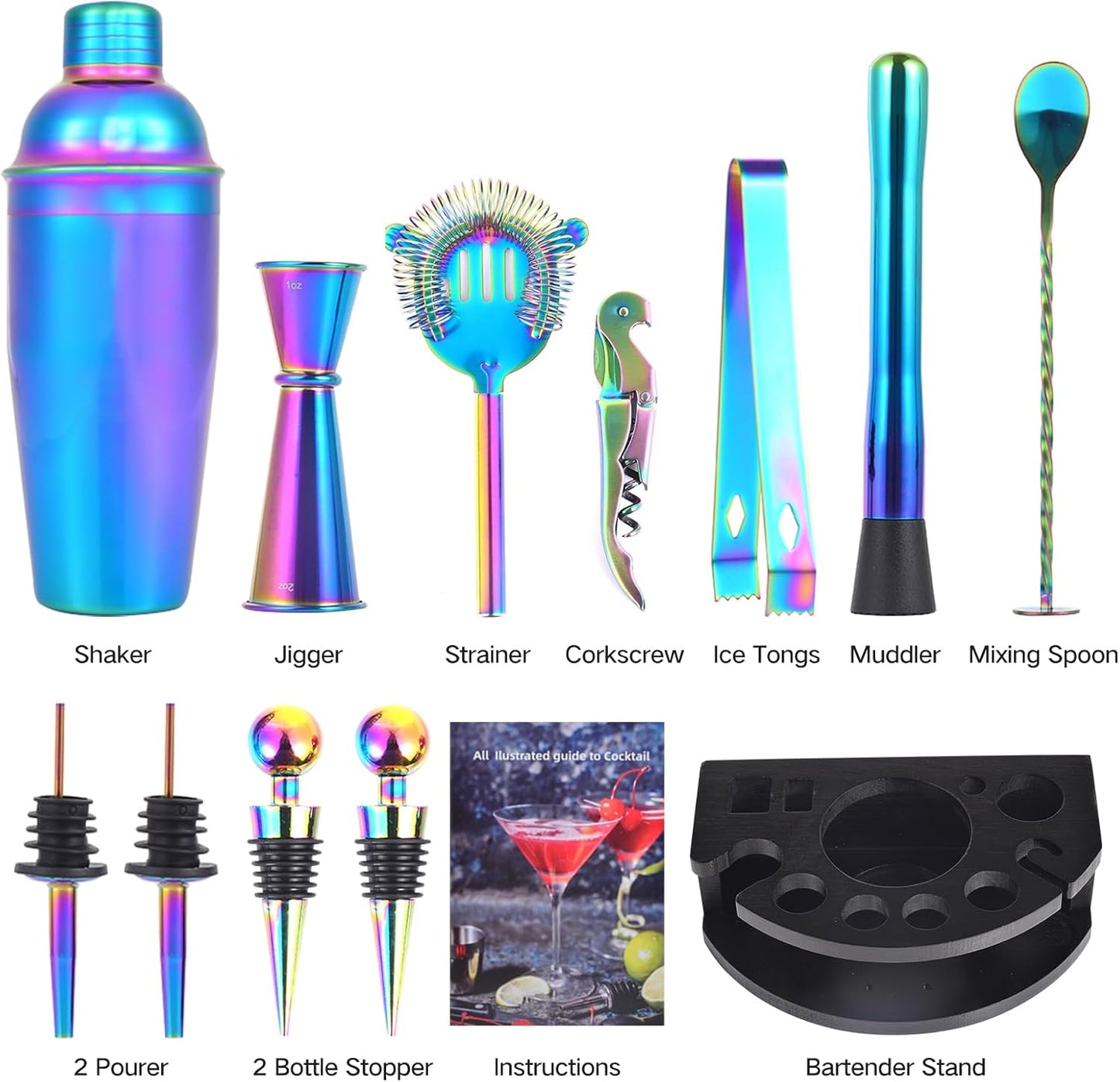 Safring Bartender Kit with Stand, 12-Piece Bar Set | 24oz Cocktail Shaker Set for Drink Mixing, Martini Shaker Set with Bar Tools, Recipes Booklet | Fun Housewarming Gift (Rainbow)