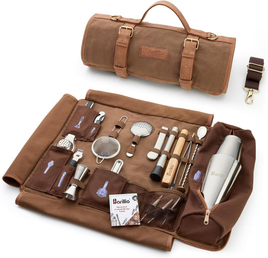 Barillio Bartender Kit Bag with Cocktail Shaker Set - Waxed Canvas, Traveling Bar Tools Bag with 17-Pc Cocktail Kit - Travel Mixology Bartending Kits - Mobile Bar Roll with Strap & Accessories - Brown - Silver