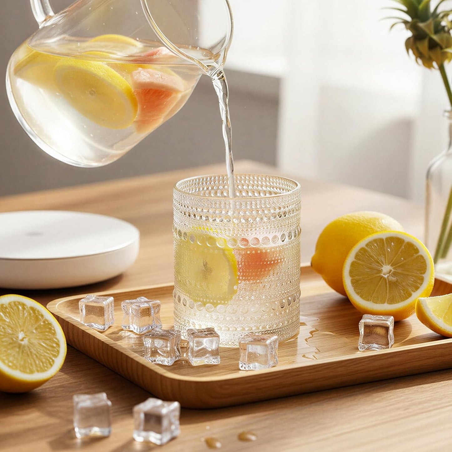 Moretoes Cocktail Glasses10 OZ Hobnail Drinking Glasses Set of 6, Vintage Whiskey Glassware, Textured Glass Cups Bubble Glasses Water Glasses Old Fashion Jupiter Glasses Set (Clear)