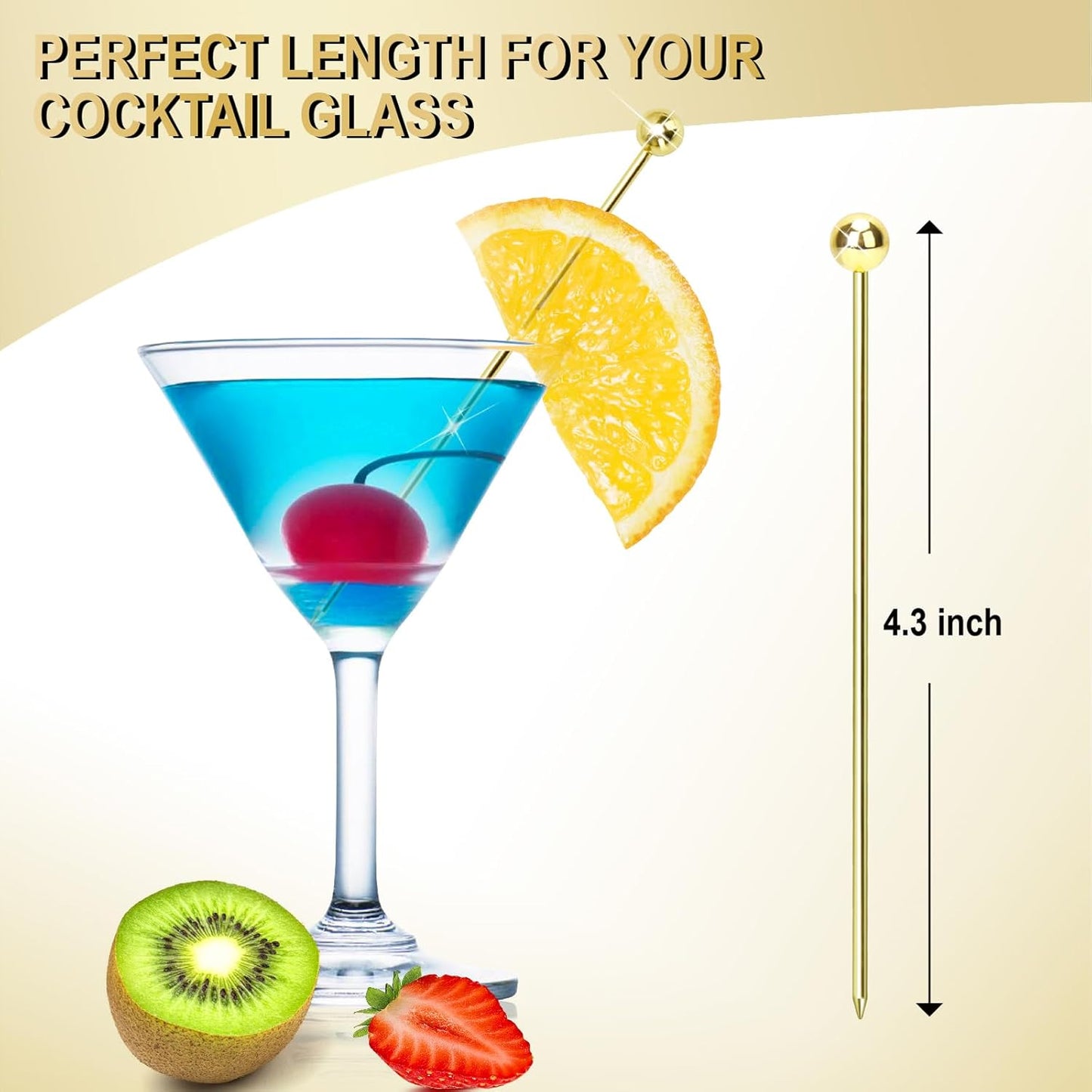 15PCS Gold Cocktail Picks for Drinks, Stainless Steel Fancy Cocktail Toothpicks, Reusable Metal Cocktail Skewers, 4.3 IN Party Garnish Sticks Martini Picks for Olives Appetizers Fruit Bloody Mary