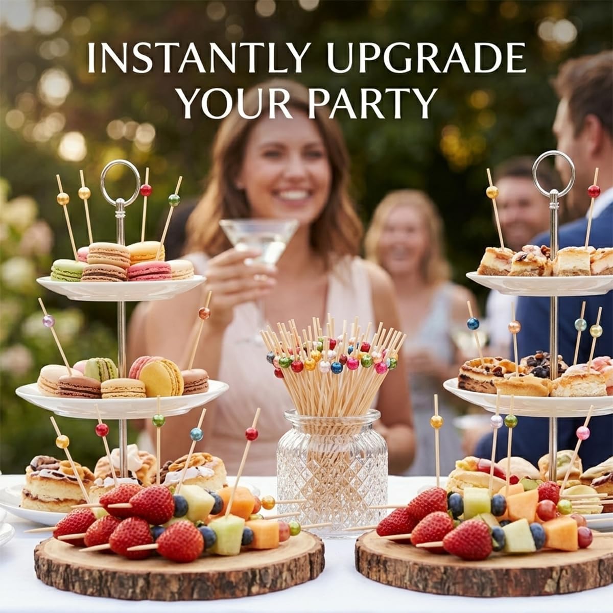 Cocktail Picks - 100 Count Fancy Toothpicks for Appetizers, Long Decorative Bamboo Skewers, 4.7" Wooden Sticks Martini Garnish for Holiday Party, Charcuterie Board Accessories