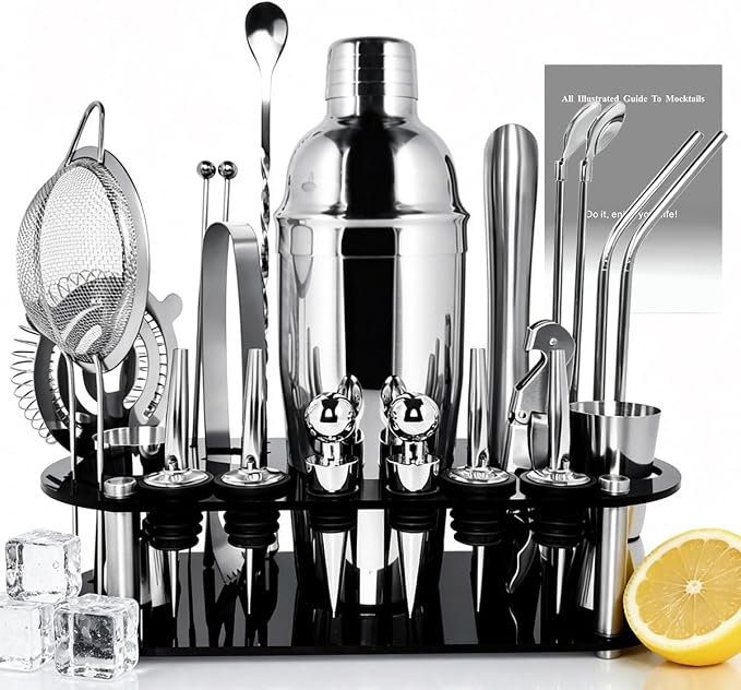 22-Piece Cocktail Shaker Set, 25/20oz Bartender Kit, Bartending Stainless Steel Bar Tools Sets for Drink Mixing, Boston Cocktail Shakers with Stand Recipes Booklet (Black-25-20oz) - Siver 25oz
