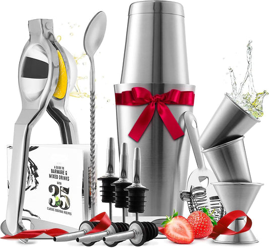 Bar Set Cocktail Shaker Set, Stainless Steel Mixology Bartender Kit, 16 Piece Cocktail Kit, Silver Cocktail Set, Bar Tools: 30oz Martini Shaker, Muddler, Bar Kit Cocktail Book, Jigger and Pourers - 16 Piece / Silver
