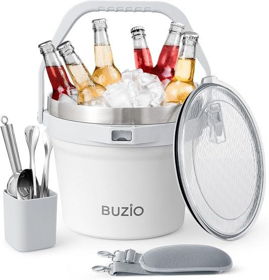 BUZIO 7.4 Qt/7 L Large Insulated Ice Bucket with Lid and Scoop & Tongs - White
