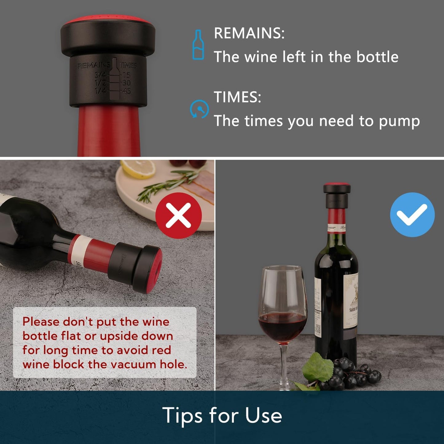 KITCHENDAO 2-in-1 Vacuum Wine Stopper, Built-in Wine Saver Pump with Date Marker, Wine Sealer Corks to Keep Fresh, Reusable Wine Preserver, Easy to Release, Set of 2