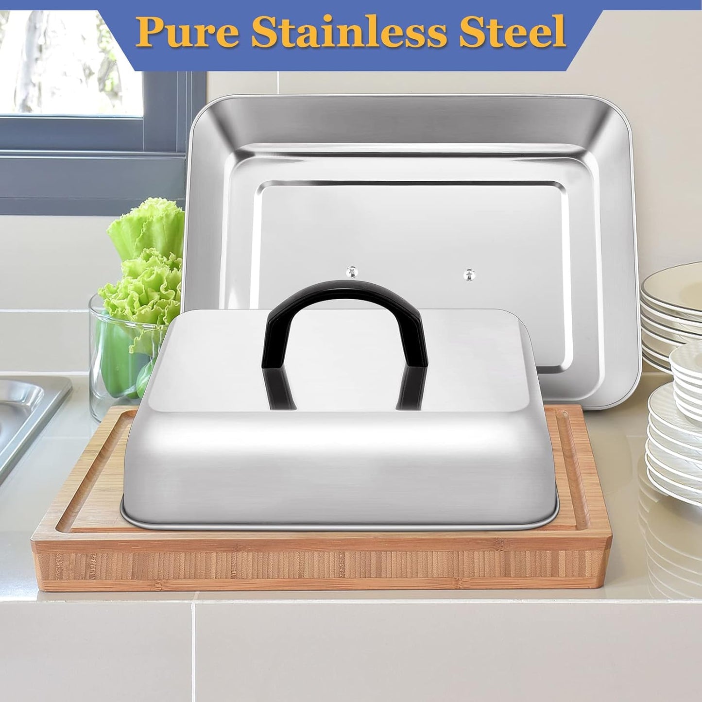 Rectangle Cheese Melting Dome, HaSteeL Stainless Steel Basting Cover for Flat Top Griddle BBQ Steaming Grilling Cooking Indoor & Outdoor, Large 13In & Small 9.3In, Heavy Duty & Dishwasher Safe(2 Pcs)