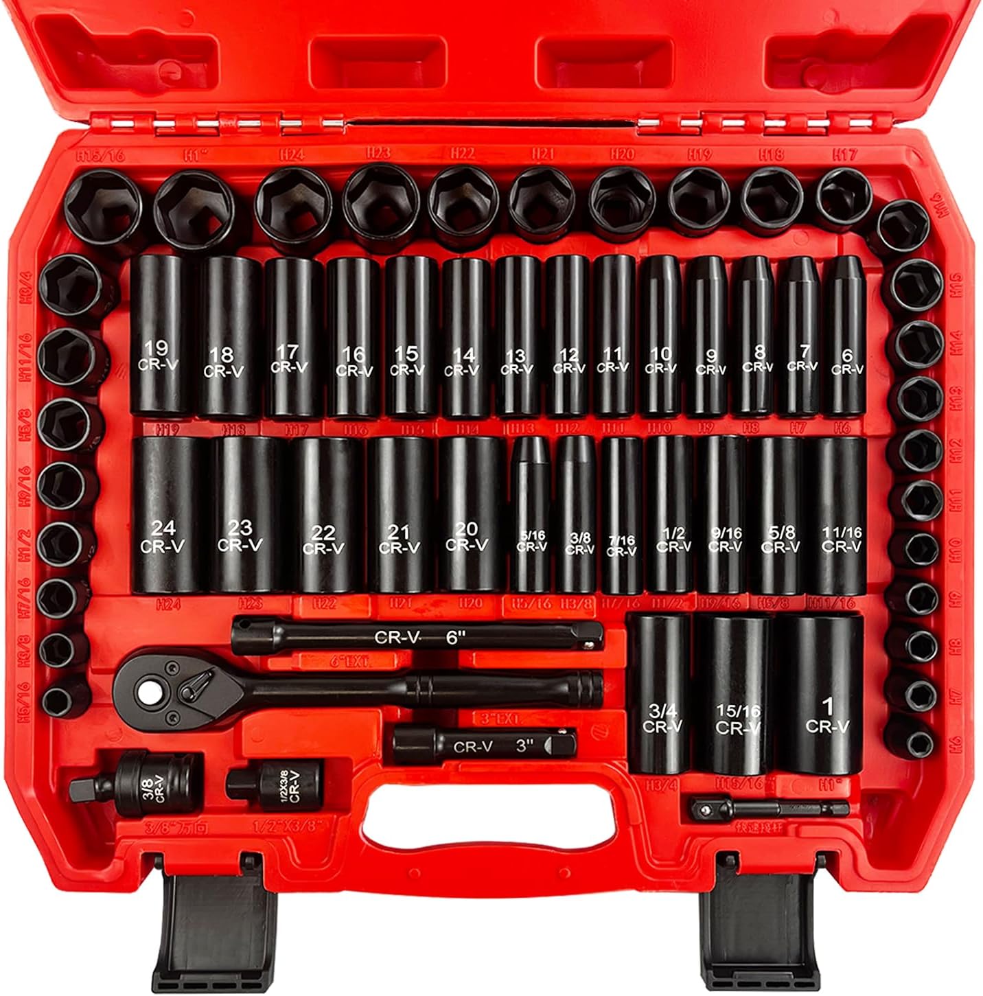 EACELIY 64pcs 3/8" Socket Set,Drive Impact Socket Set, SAE/Metric, Deep & Shallow, Cr-V Steel, 6 Point with Adapters, 72T Ratchet Handle, Extension Bars，Bit Adapter，6-24mm，5/16-1 inch