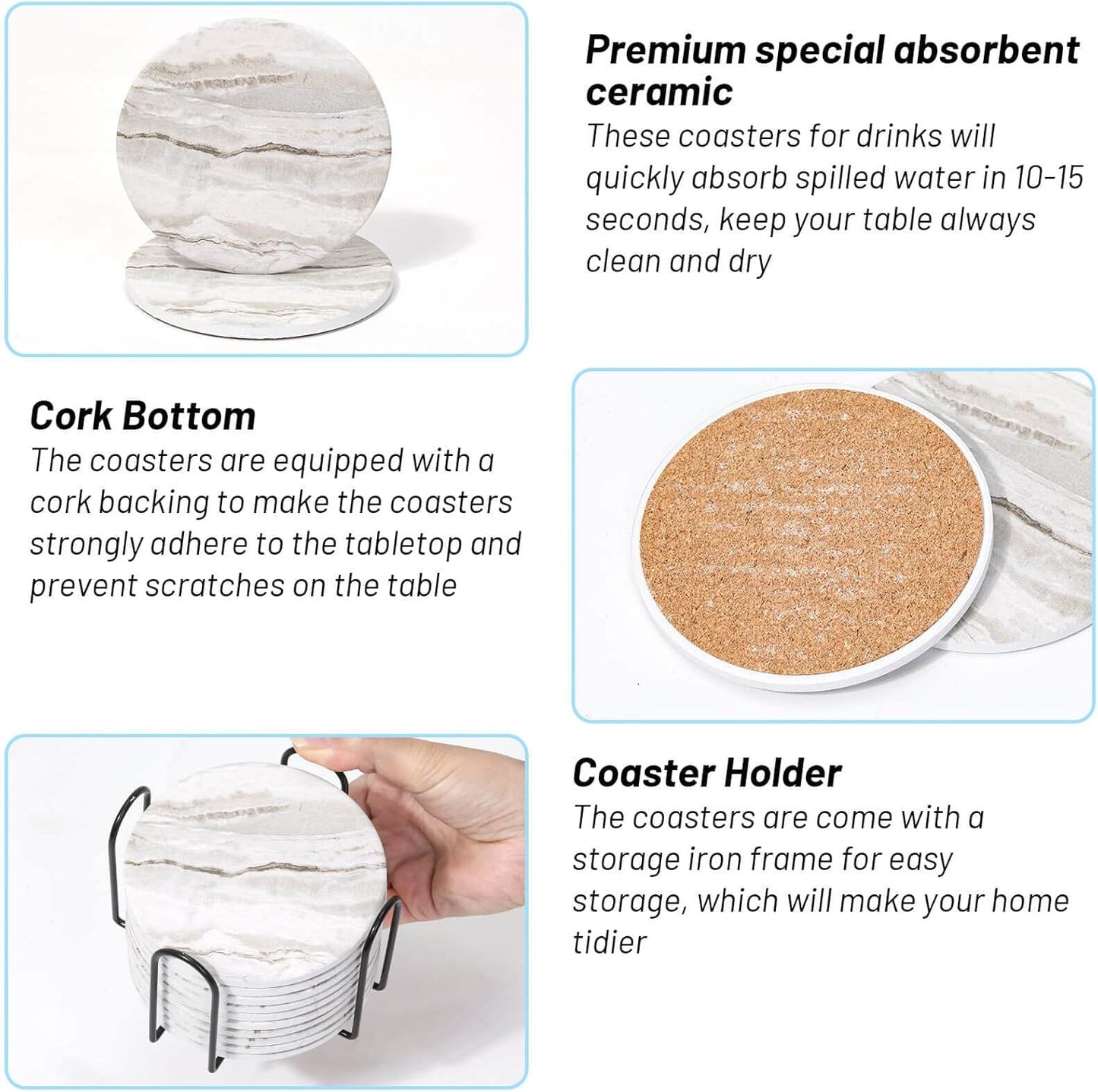 Acejoz Drink Coasters with Holder for Coffee Table, Absorbent Coaster Set of 6, Marble Style Ceramic Coaster for Wooden Table, Suitable for Kinds of Cups, Home Decor, 4 Inches