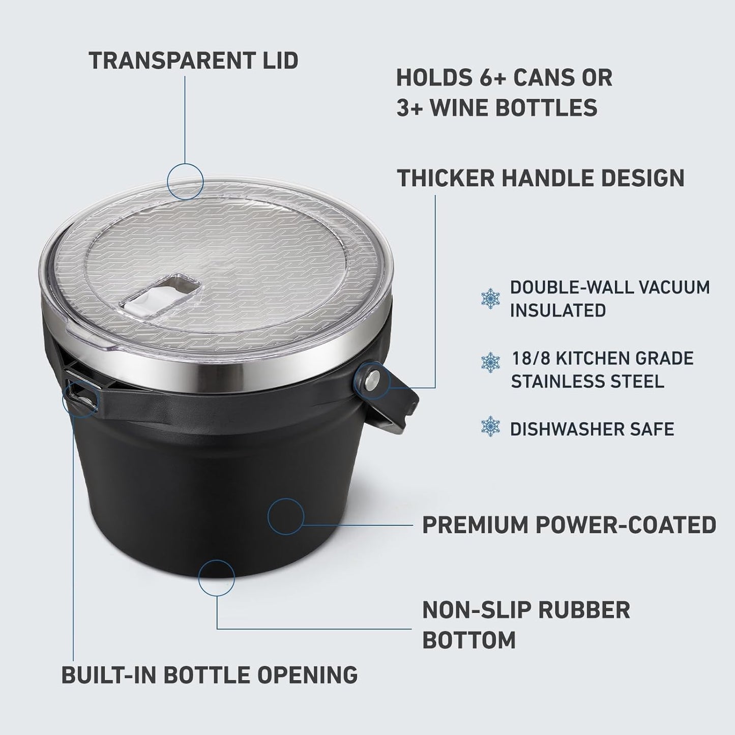 COKTIK 7L Insulated Ice Bucket with Lid，Double Wall Vacuum Stainless Steel Beverage Bucket Keeps Frozen Longer，Holds 6 Longnecks or 3 Bottles of Wine，for Cocktail, Champagne, Large Parties(Black)