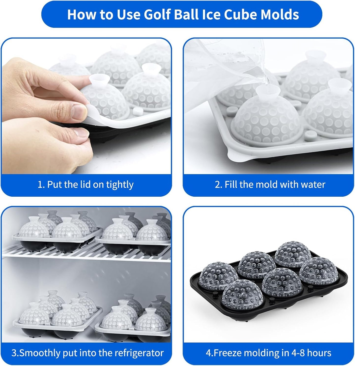 6 Chamber 2.2" 3D Golf Gifts Ice Cube Tray With Funnel,Large Round Ice Ball Maker Mold Silicone Fun Shapes Bourbon Sphere Ice Molds,For Chilling Whiskey,Cocktails,Bourbon,Brandy and Beverages