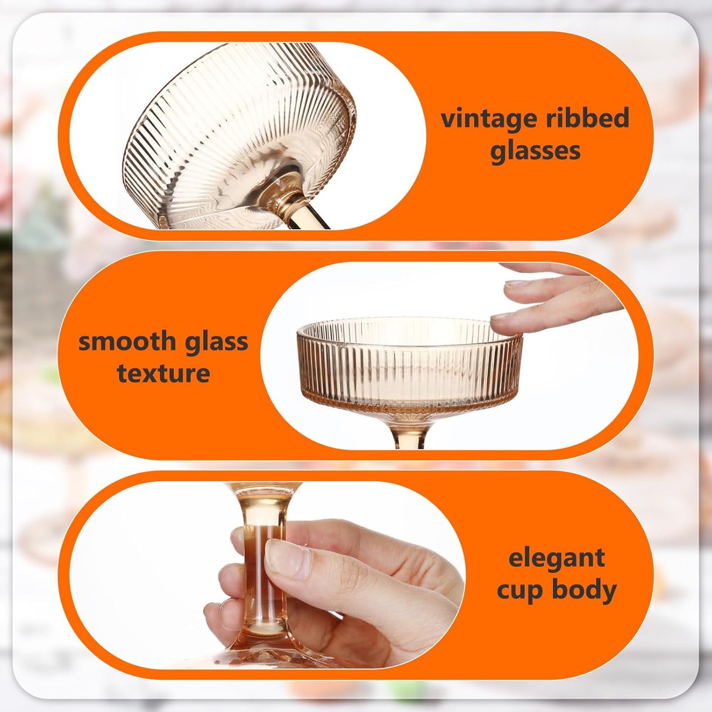 Teenyyou 8 Pcs Ribbed Vintage Coupe Glasses 7 oz Martini Glasses Champagne Coupe Classic Cocktail Glassware Reusable Ribbed Glassware for Cocktail Martini European Style (Champagne Pink)