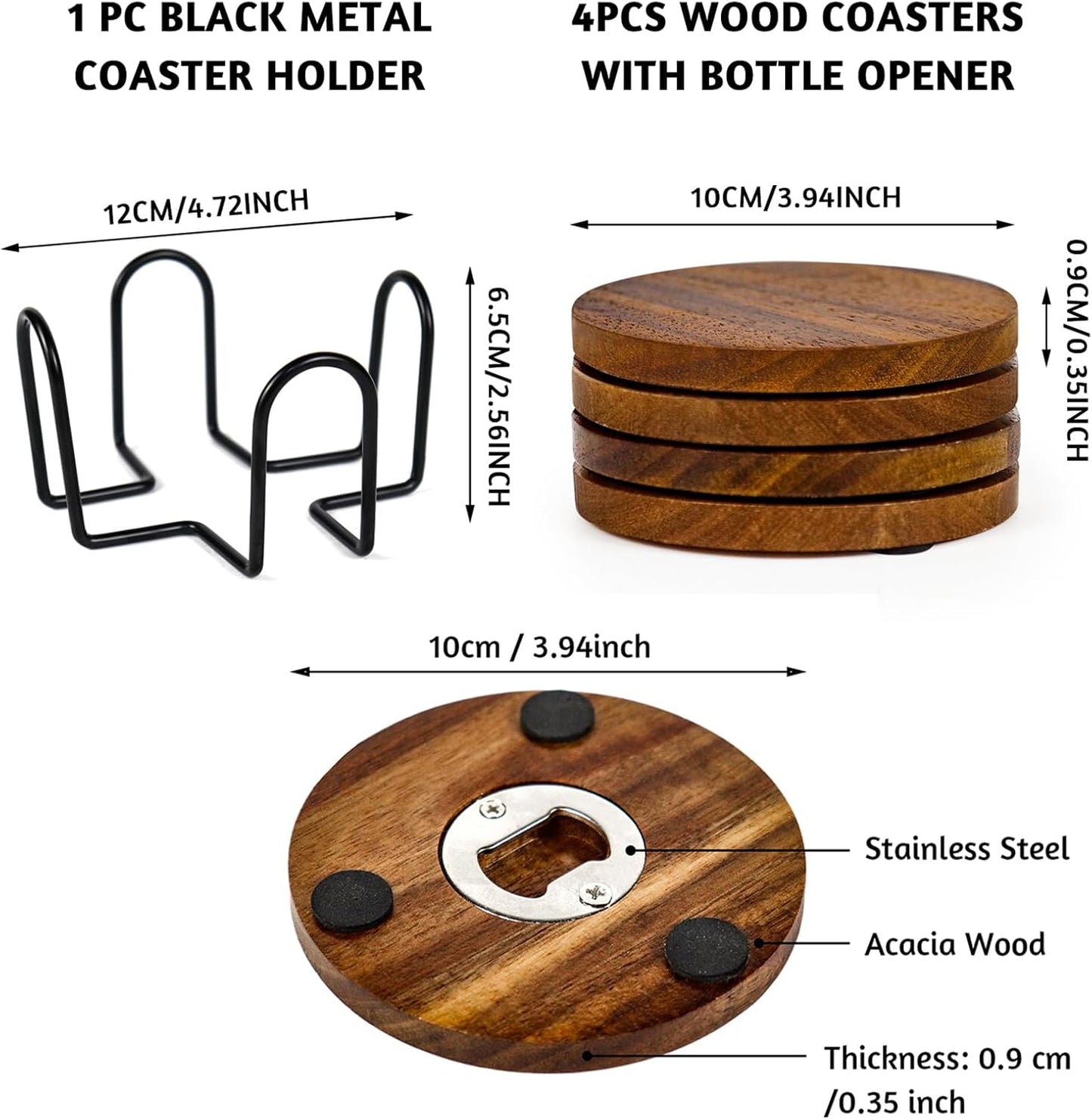 2-in-1 Wood Coasters with Bottle Opener, Set of 4 with Holder– Funny Acacia Wood Drink Coasters with Stainless Steel Openers & Non-Slip Feet – Durable and Functional for Beer or Soda Drinking
