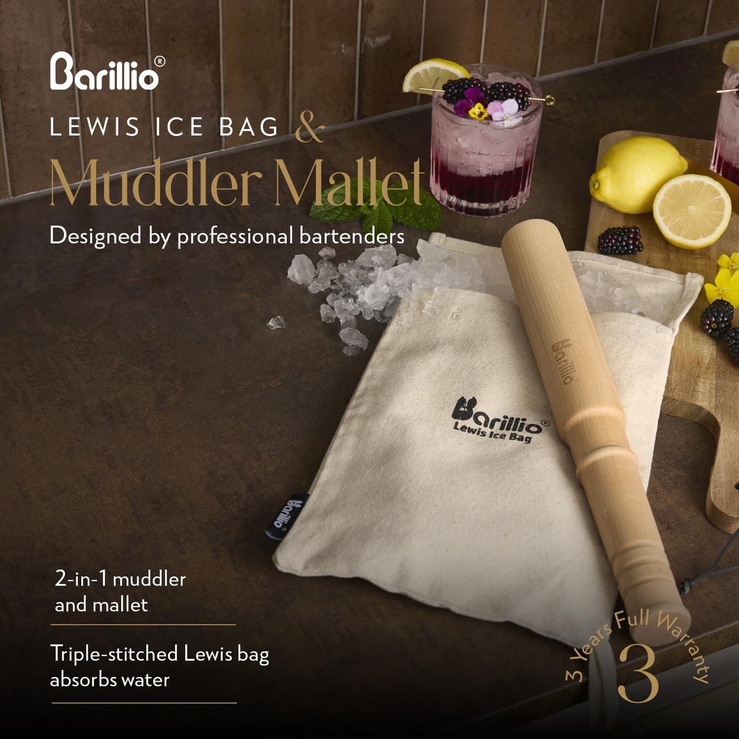 Barillio Drink Muddler Mallet and Lewis Bag Set - Big-Shot 13.75 Inch Wooden Muddler and Ice Hammer for Cocktails w/Canvas Ice Crushing Bag - Bar Tool Set