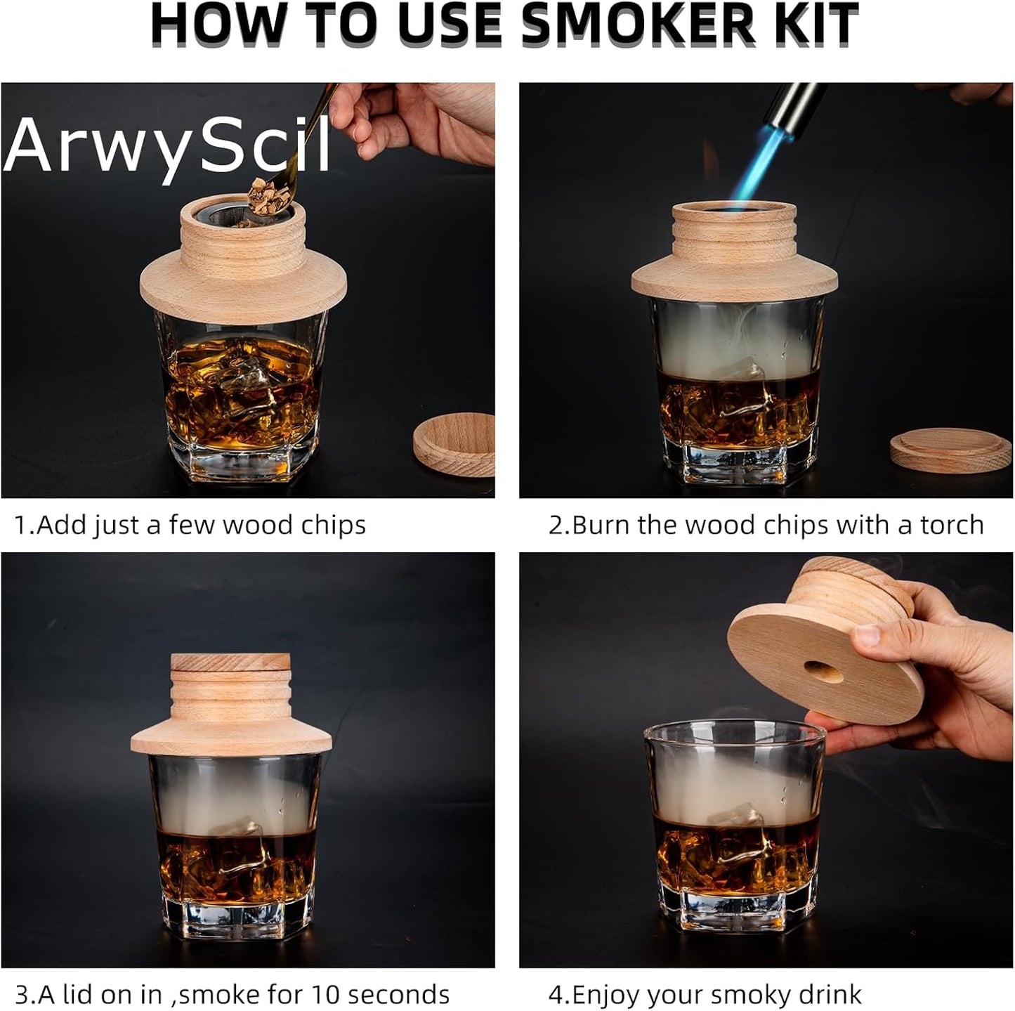 Cocktail Smoker Kit With Torch, Old-fashioned Infuser Kit for Party, 6 Flavored for Cocktail, Whiskey, Bourbon Smoker Lover, Gifts for Birthday, Men, Dad, Husband (Without Butane)