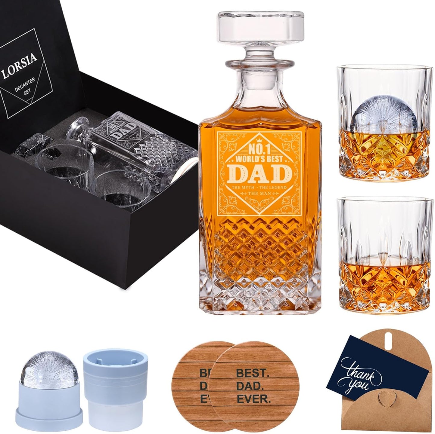Gifts for Dad Men, Whiskey Decanter Set with Gift Box, Unique Christmas from Daughter or Son, Perfect Birthday and Retirement Present for Men - Includes 2 Ice Molds, 2 Coasters, and a Gift Card
